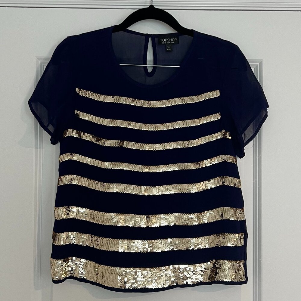 TOPSHOP Military Inspired Sheer Shell Top Blouse Navy Gold Sequins 4th July US 4